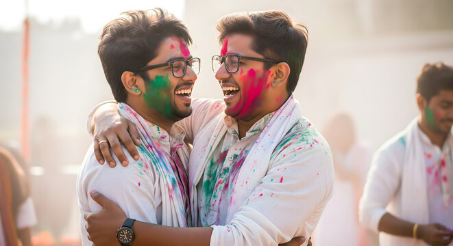 Two Indian men hugging and laughing during Holi festival celebration with colorful powder on faces