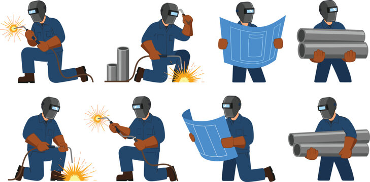 Welder character set wearing safety helmet and protective uniform working with welding torch reading blueprint carrying metal pipes industrial construction vector illustration