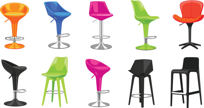 Modern plastic bar stools set with colorful neon adjustable chrome swivel counter chairs for futuristic kitchen cafe lounge pub interior contemporary furniture vector illustration
