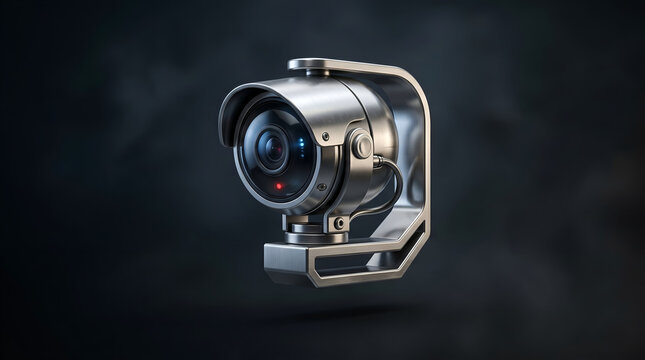 Metallic security surveillance camera monitoring urban space for advanced safety protection system providing constant digital observation and defense