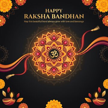 Vibrant and ornate Raksha Bandhan with a central mandala featuring the Om symbol, surrounded by decorative and floral motifs on a dark background