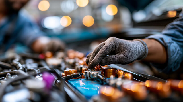 Mechanic in protective gloves replacing a car battery under the hood during practical automotive repair, photorealistic commercial service scene