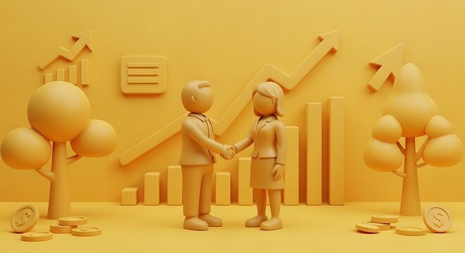 Stylized miniature figures shaking hands against a background of rising bar charts and arrows in a monochromatic yellow palette. Ideal for financial success and investment marketing.