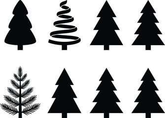 Fototapeta premium Collection of Black Christmas Tree Silhouettes Featuring Minimal Pine Trees and Abstract Holiday Evergreen Designs