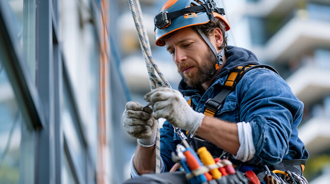 Industrial climber inspecting damaged facade panel on residential high rise, careful maintenance work with tools on harness photorealistic premium commercial