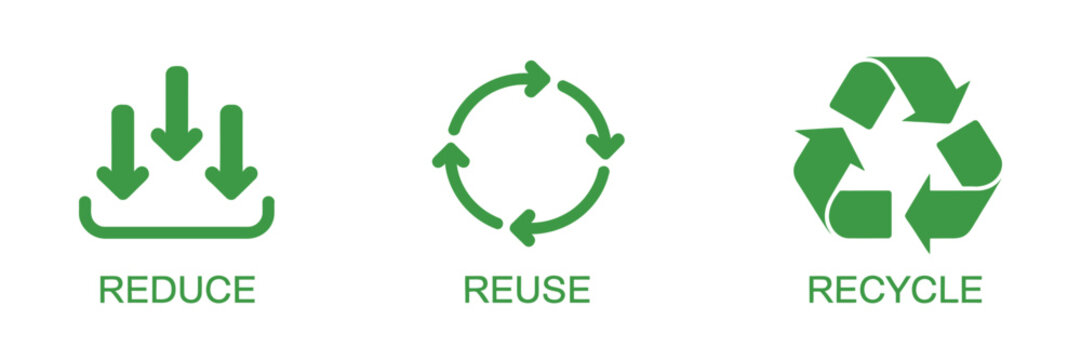 Reduce reuse recycle icon set with arrow sync rotation outline icons for environmental management and waste reduction design
