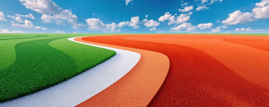 High-angle close-up of a curved baseball field infield with green grass, red clay and blue sky