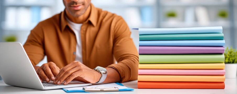 Man typing on laptop at desk next to a stack of colorful notebooks for work and study