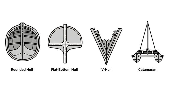Set of different boat hull types including rounded, flatbottom, vhull, and catamaran designs