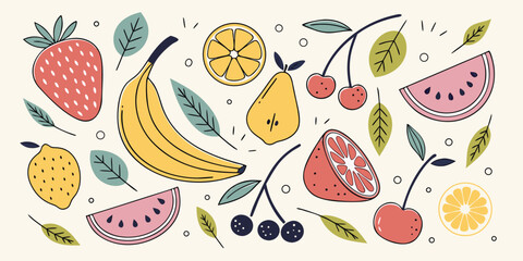 Fresh fruits and berries flat vector elements set © Sadhin07