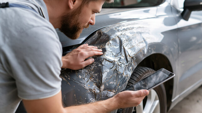 .Male auto insurance adjuster or mechanic assessing severe car damage with a digital tablet, inspecting a dented fender after a traffic collision

