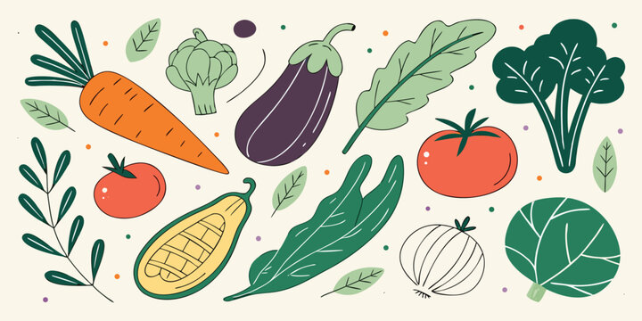 Healthy vegetables collection with hand-drawn style, fresh vegetables like carrot and tomato