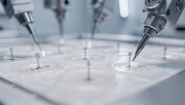 Dynamic footage of robotic arms placing cardiac lead microelectrodes on biocompatible surfaces focusing on automation in cardiovascular implant production.