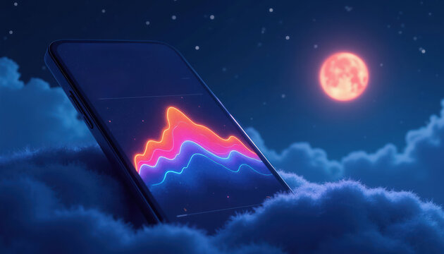 Smartphone displays sleep cycle graph on screen, nestled in clouds under moonlit night sky. App tracks restful deep sleep patterns for better health and wellness.