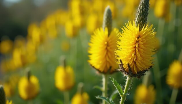 Close view of bright yellow gorse flowers with spiky petals and green stems. Field of wildflowers in soft focus background under sunny daylight. Natural bloom detail.
