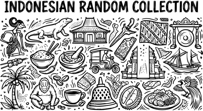 Indonesian Random Collection Hand-Drawn Line Art Doodle Illustration Set of Culture, Travel, Food, Wildlife, and Traditional Symbols