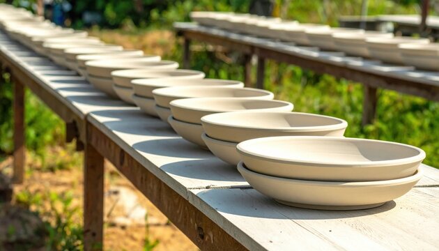 A long row of freshly formed, unglazed ceramic bowls and plates are slowly drying on wooden shelves outdoors in the sunlight.