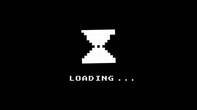 Pixel loading hourglass icon on black screen, white loading text, retro computer display, waiting status