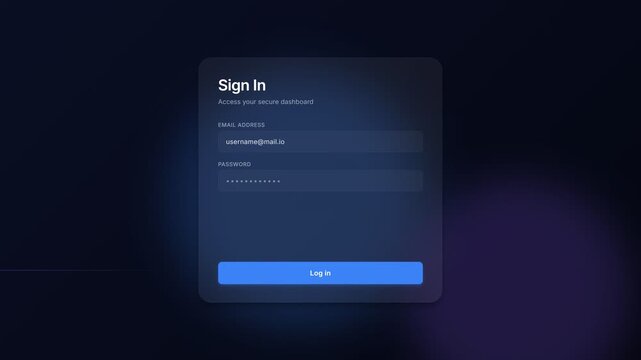 Login form interface on dark screen, email and password fields, blue log in button, secure dashboard access