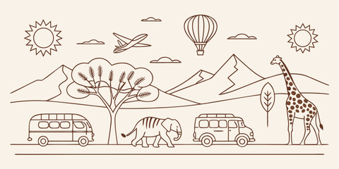 Safari adventure line art landscape with wild animals and travel transport © Sadhin07