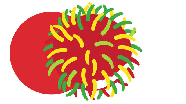 Vibrant rambutan fruit vector icon featuring a red core with colorful yellow and green hairy spines, perfect for tropical food themes, exotic fruit illustrations, and healthy eating graphics.