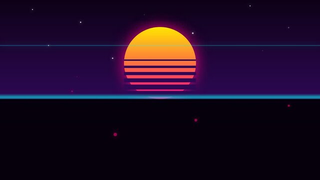 Retro sun over horizon, neon stripes, dark starry sky, synthwave vaporwave style, poster design