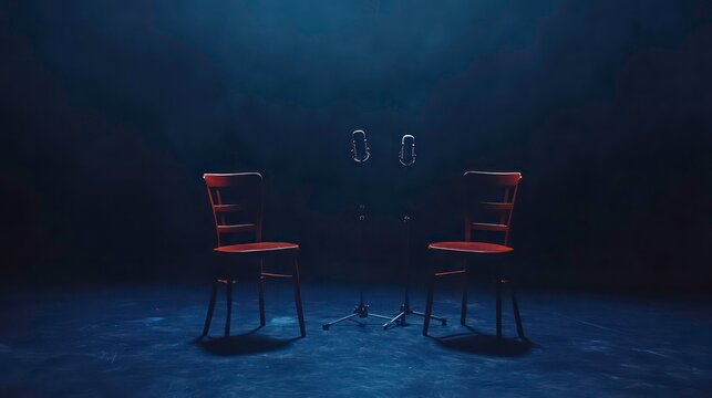 Behind the scenes empty scene of two chairs and microphones stand in interview or podcast room isolated on dark navy background, concept of silence after the hubbub, intense preparation of the program