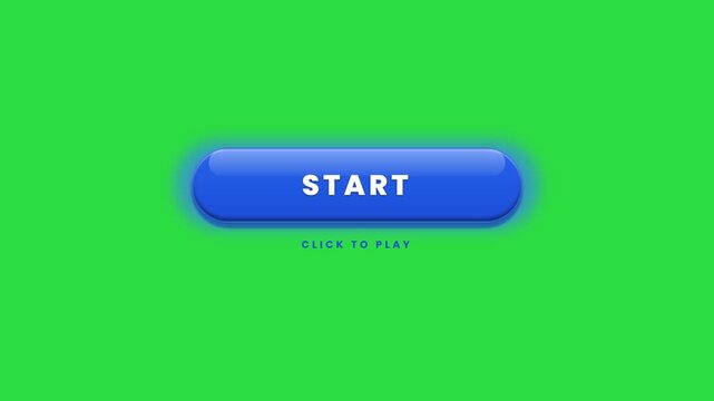 Blue start button on green screen, click to play game interface, web app menu, interactive control