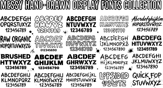 Messy Hand-Drawn Display Fonts Collection - Typography Alphabet Characters and Numbers