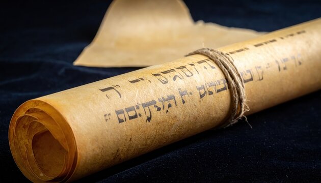 Close-up view of an ancient Hebrew parchment scroll tied with cord, showcasing aged script