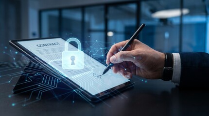 Obraz premium Close Up of Businessman Hand Signing Digital Contract with Glowing Padlock Hologram