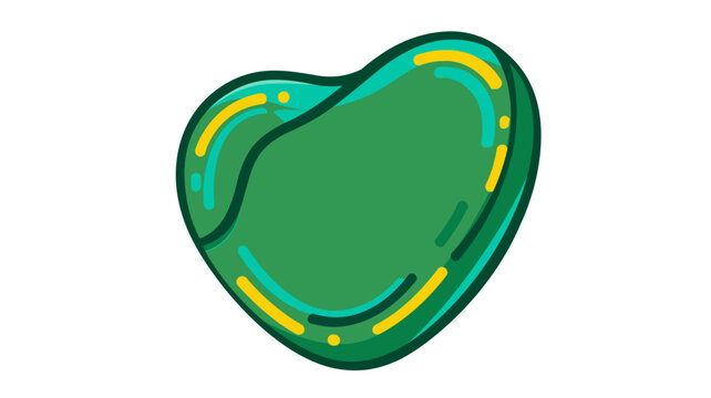 Vibrant green heart-shaped magical gemstone vector icon, shiny fantasy potion ingredient with yellow highlights, creative colorful line art illustration for gaming, alchemy, and mystical design.