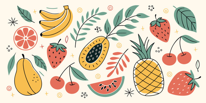 Summer fruit collection with hand-drawn style. collection of fresh healthy fruits like strawberries and banana