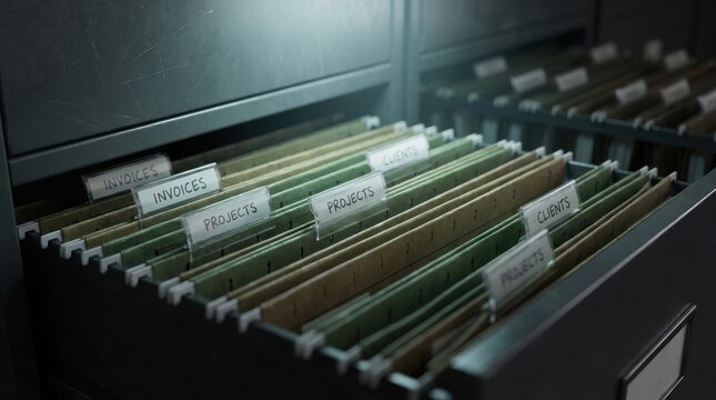 Organized filing cabinet drawer filled with hanging folders labeled for projects and invoices, showcasing efficient document management.