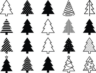 Obraz premium Creative Black Christmas Tree Icon Collection with Minimal Outline, Patterned, and Abstract Holiday Tree Silhouettes