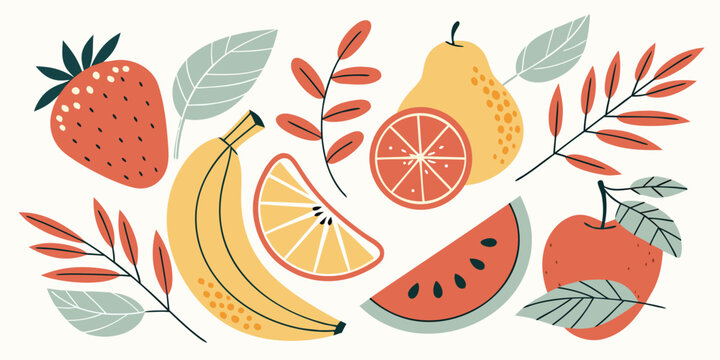 Summer harvest fruit collection with strawberry banana watermelon and pear