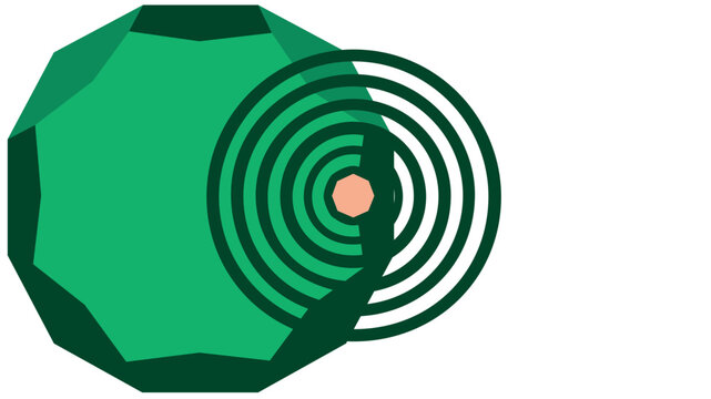 Vibrant green magic potion bottle vector icon illustration, top-down view of a fantasy elixir with concentric rings and geometric shapes, perfect for RPG gaming UI and mystical design projects.