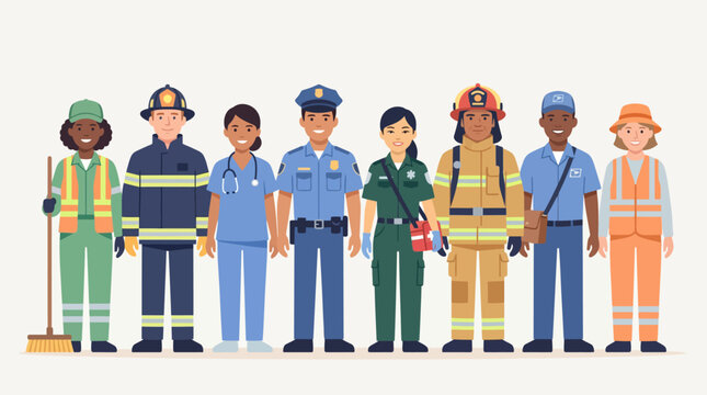 A diverse group of essential workers and public service professionals standing together, representing various occupations like firefighters, police, nurses, and sanitation workers.