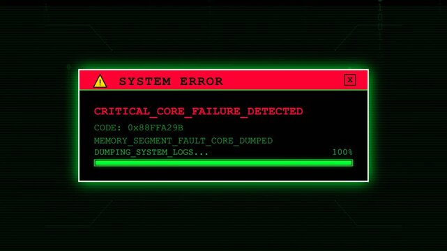 System error alert window with critical core failure text, code and progress bar on dark screen