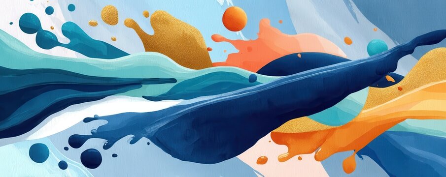 Vibrant abstract paint splash with flowing blue and orange waves and gold texture accents