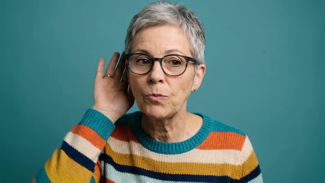 A sequence showing a senior caucasian woman eavesdropping on a conversation. She looks surprised and shocked by what she hears. Hearing, gossip and communication concept