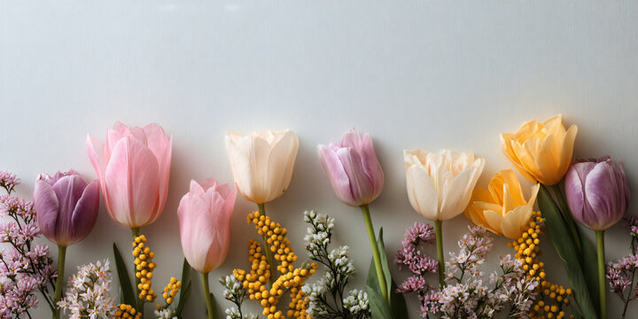 Row of Colorful Spring Tulip Flowers Flatlay on White