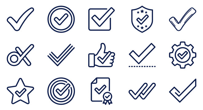 Check Mark and Verification Line Icons Set. Approve, Success, and Quality Control Symbol Vectors.