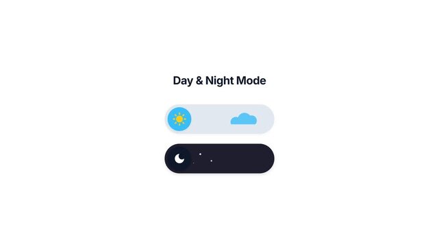 Day and night mode toggle switch with sun, cloud and moon icons, dark and light UI settings for app interface