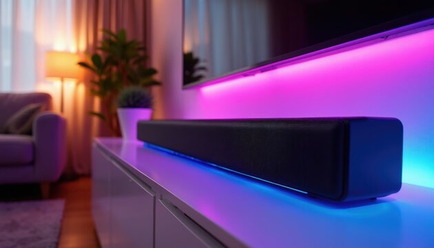 Sleek soundbar with colorful LED lights sits on TV stand in modern living room. Ambient lighting creates cozy home theater atmosphere for movie night or gaming.