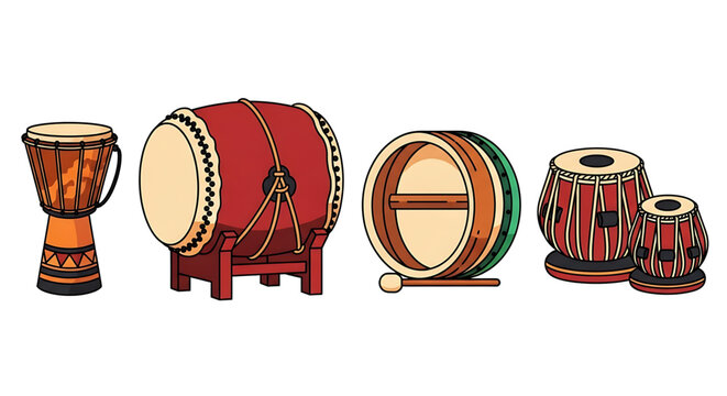 Set of traditional percussion musical instruments including djembe, taiko, frame drum and tabla