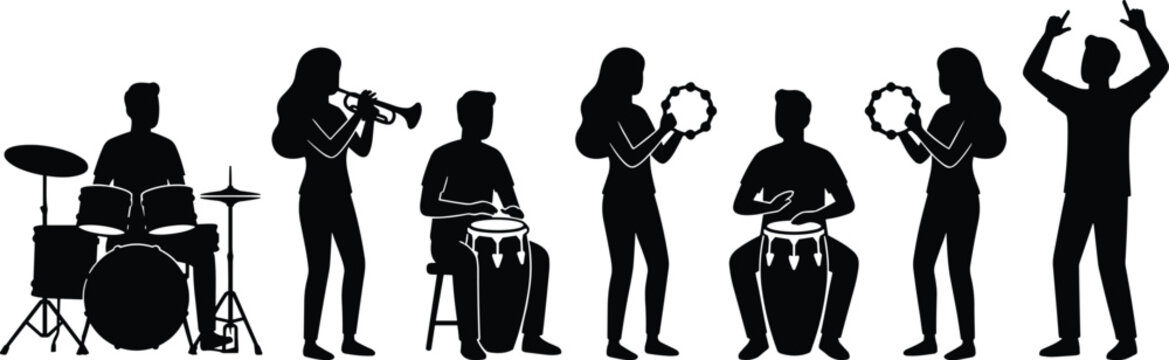 Black and white of people using musical instruments and audio equipment musician singer guitarist de