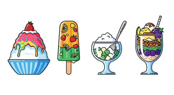 Set of delicious summer frozen desserts including shaved ice, popsicle, yogurt bowl, and parfait