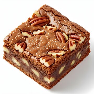 Square brownie with pecans and walnuts topped with coarse salt.