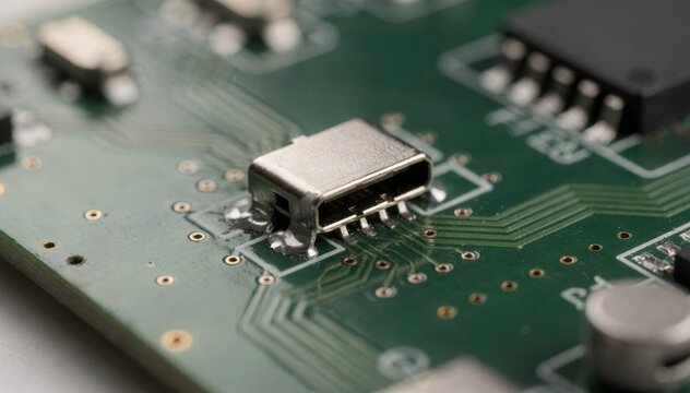 Closeup medium shot showing surface mount technology USB TypeC connector placement on a circuit board emphasizing modern compact electronics manufacturing.